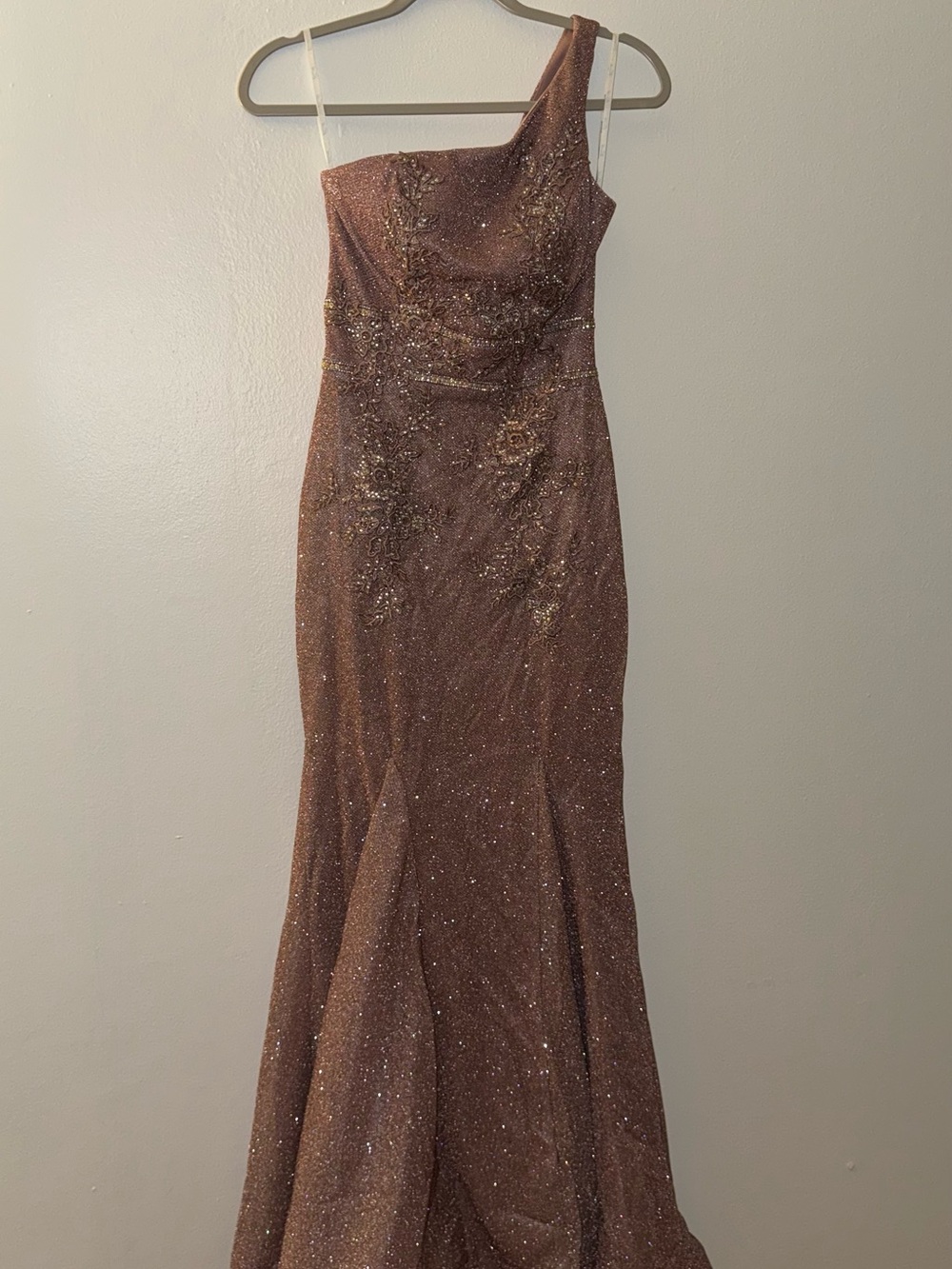 Camille La Vie One-Shoulder Brown Glitter Evening Gown